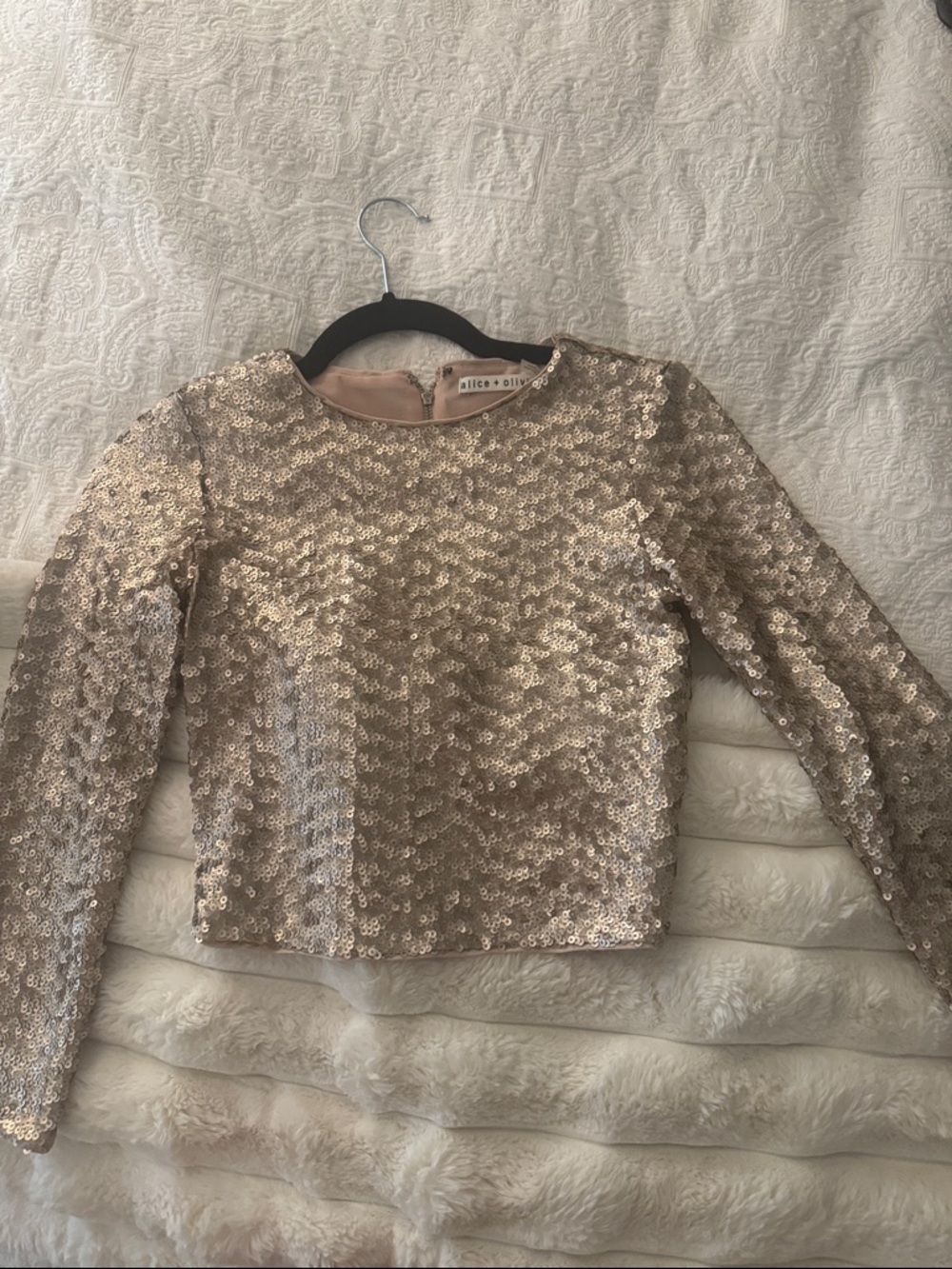 Alice + Olivia Rose Gold Sequin Long Sleeve Crop Top